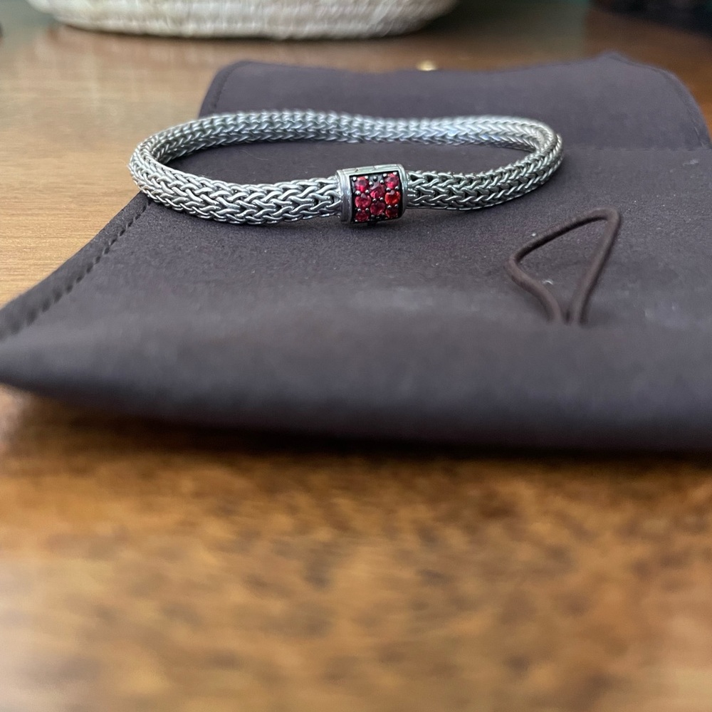 John Hardy Classic 5mm Silver Bracelet Red Pave Stones 7.5 long NWT GREAT PRICE